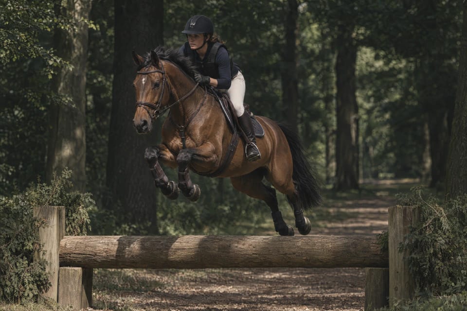 Rider and bay horse jumping a log on a woodland track